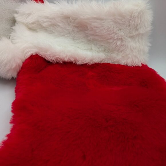 Large Red Faux Fur Christmas Stocking with White Trim and Pom Poms - Picture 2 of 10